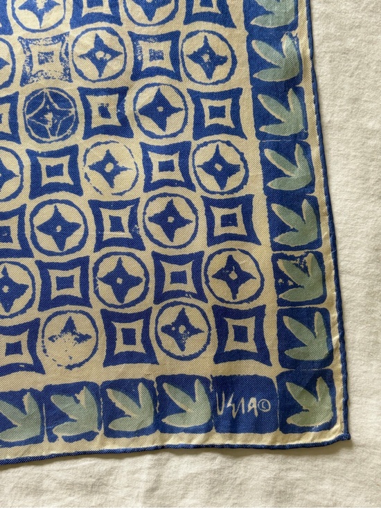 Vintage Accessories - Vintage Block Printed Silk Scarf Blue and Cream Geometric Rolled Edges 22x22”